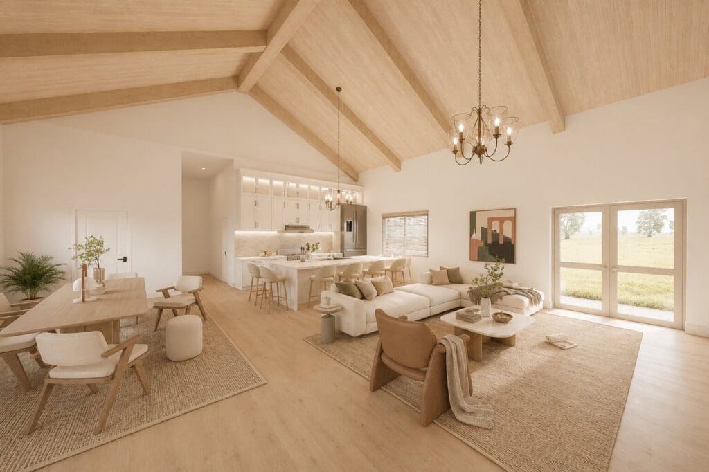 Open plan shed home interior with exposed beams