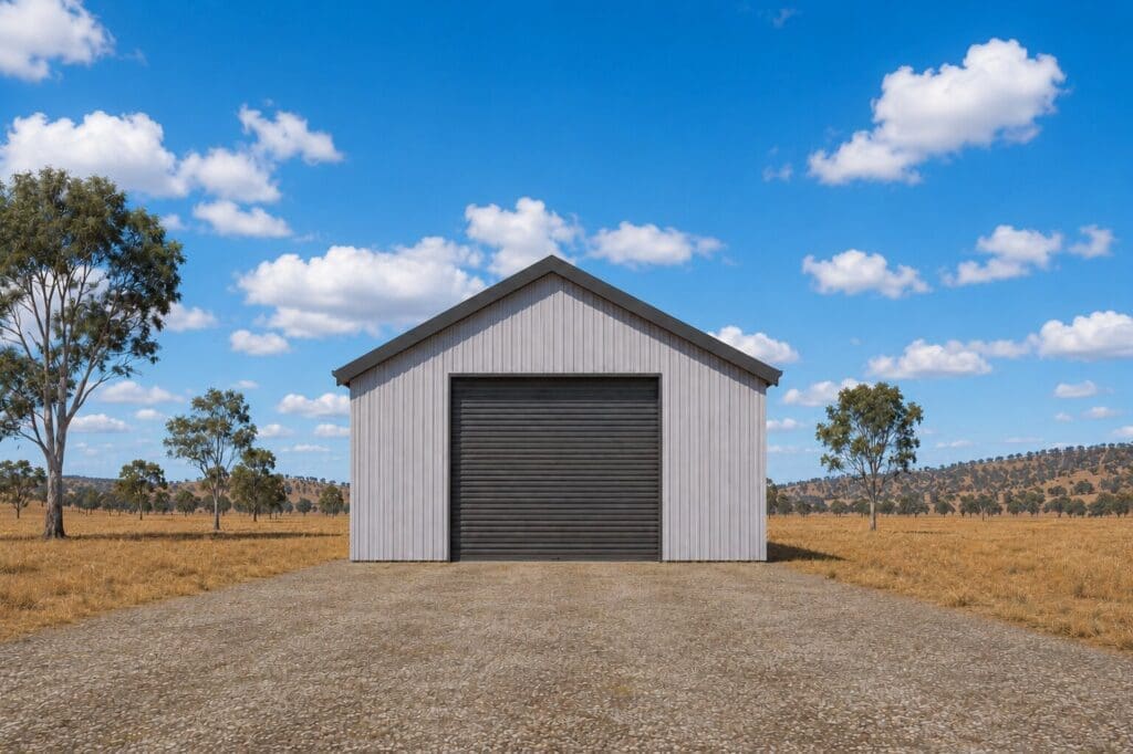 Shed home exterior showing standard gable roof profile